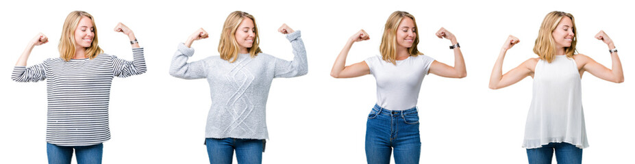 Collage of beautiful blonde woman over white isolated background showing arms muscles smiling proud. Fitness concept.