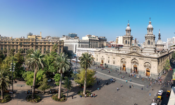 Aerial view of Plaza de Armas Square and Santiago Metropolitan Cathedral -  Santiago, Chile