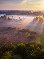 Beautiful foggy morning landscape photographed from above