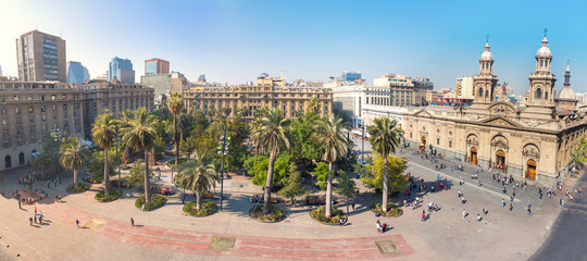 Panoramic aerial view of Plaza de Armas Square and Santiago Metropolitan Cathedral -  Santiago,...