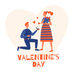 Romantic card for the holiday Valentine's Day. A young man gives his girlfriend a wedding ring on the background of a pink heart. Vector flat illustration.