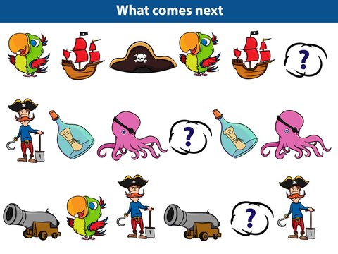 What comes next Educational game for children. Set of cartoon pirate characters. Vector illustration