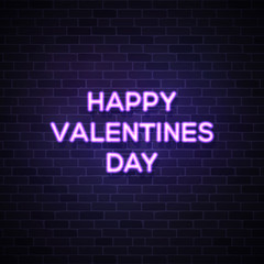 Happy Valentines Day text. Street neon sign on dark blue brick wall. Valentine's card with glowing neon letters. 80s style vector illustration.