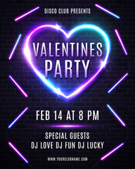 Valentine's Day party design for flyers, posters or banners. Abstract background with neon light heart. Dance party poster with glowing lines, highlight wireframe of heart. Bright vector illustration.