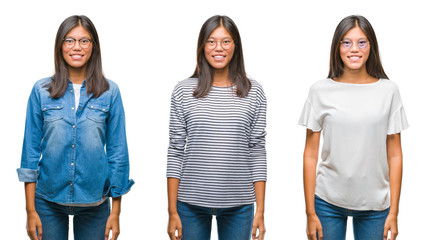 Obraz premium Collage of asian young woman standing wearing glasses over white isolated background with a happy and cool smile on face. Lucky person.