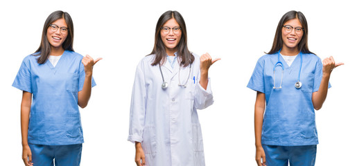 Obraz premium Collage of asian young surgeon doctor or nurse woman standing over white isolated background smiling with happy face looking and pointing to the side with thumb up.