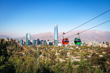 Santiago Metropolitan Park Cable Car and Santiago aerial skyline - Santiago, Chile