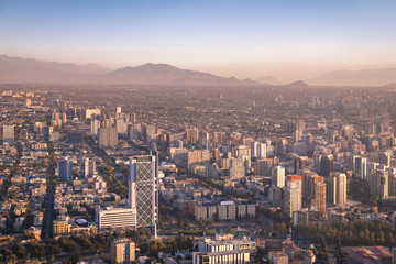 Fototapeta na wymiar Aerial view of downtown Santiago at sunset - Santiago, Chile