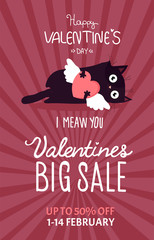 Valentines day sale background with cat and heart. Vector illustration. Wallpaper, flyers, invitation, posters, brochure, banners.