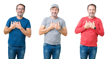 Collage of handsome senior man over white isolated background smiling with hands on chest with closed eyes and grateful gesture on face. Health concept.