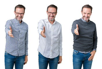 Collage of handsome senior business man over white isolated background smiling friendly offering handshake as greeting and welcoming. Successful business.