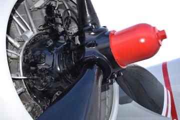 Closeup of an airplane propeller and engine