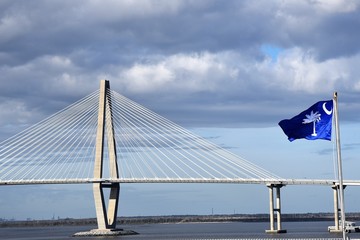 Arthur Ravenel Jr. Bridge and South Carolina state flag  in Charleston South Carolina
