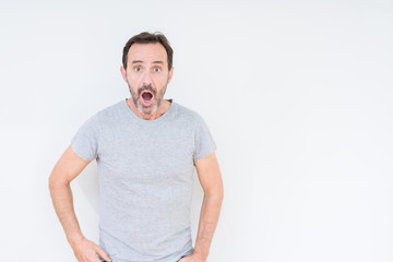 Fototapeta premium Handsome senior man over isolated background afraid and shocked with surprise expression, fear and excited face.