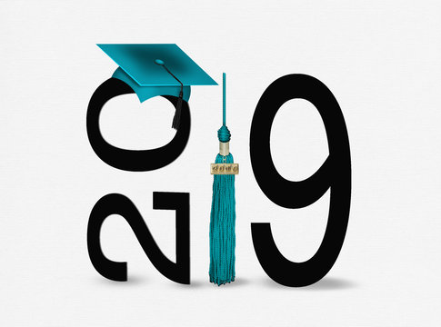 teal graduation cap and tassel with black 2019 text on soft textured background