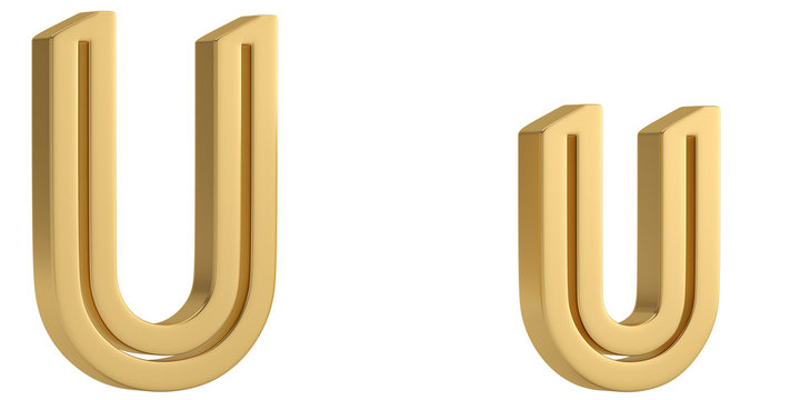 Gold metal u alphabet isolated on white background 3D illustration.
