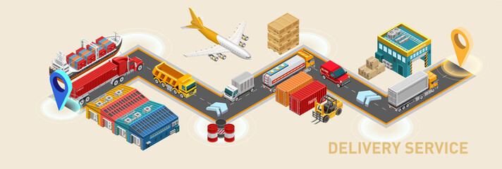 Trucks riding on road from departure point to destination on graphic scheme of delivery service