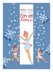 Figure skating vector backdrop girl character skates on competition and professional girlie skater illustration winter card wallpaper of people athlete dancing on ice background