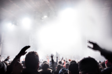 Naklejka premium Musical concert. People in the concert hall at the disco . Singer in front of the audience. Fans at the concert. Blurred image / blurred photo.