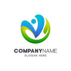 people letter V with leaf, logo design template