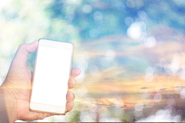 The hand holding the phone tha separated from white background technology.