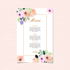 wedding menu card with beautiful watercolor floral border