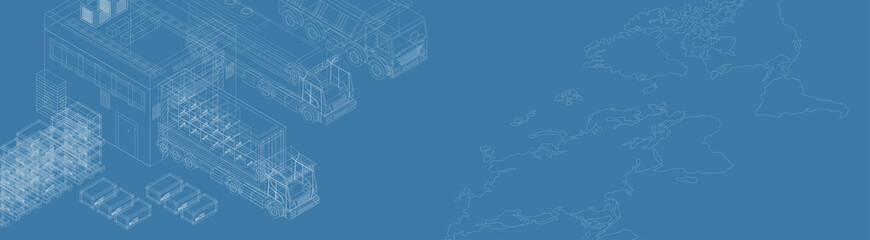 Modern blueprint vector design with trucks for delivery service on global map