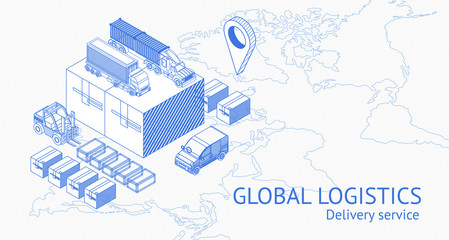 Vector design in blueprint style of global logistics and delivery service with map and trucks