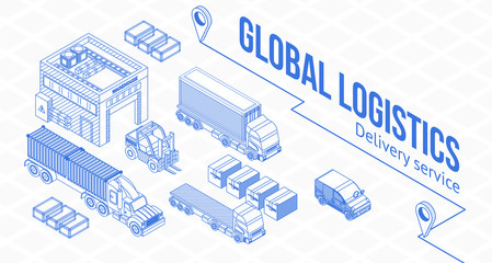 Creative isometric blueprint web design with icons for global logistics on white background