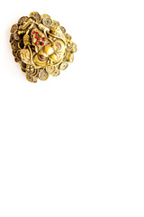 Buddhist symbol. Oriental three legged toad with gold coins on white background top view space for text