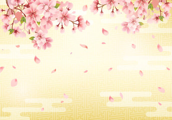 Japanese traditional golden background and cherry blossom. Vector illustration.