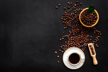 coffee background with beans and cup of americano black table flat lay space for text