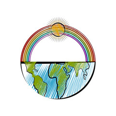 Isolated sketch of a half earth with a rainbow. Vector illustration design