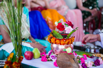 Indian pre wedding ceremony haldi ritual items close up