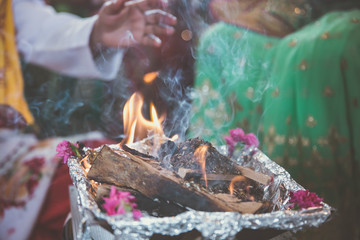 Indian pre wedding ceremony haldi sacred fire
