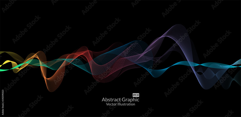 Poster abstract colorful wave lines on black background for elements in concept business presentation, broc