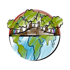 Isolated sketch of a half earth with a trees and rainbow. Vector illustration design