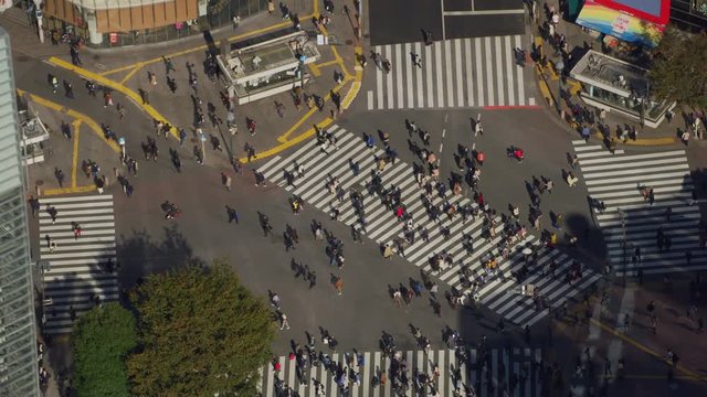 Tokyo, Japan circa-2018.  Aerial view of Shibuya Crossing, Tokyo, Japan. Shot from helicopter with RED camera.