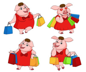 Girl pig shopping in New year day.Vector and illustration.