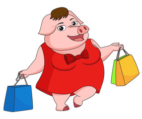 Girl pig shopping in New year day.Vector and illustration.