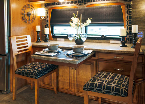 Camping van interior cabin. RV kitchen interior