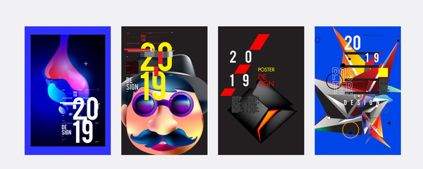 Fototapeta premium 2019 New Poster Design Template. Trendy Vector Typography and Colorful Illustration Collage for Cover and Page Layout Design Template in eps10