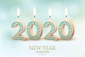 2020 New Year celebration horizontal design concept. Vector 2020 burning candles and New Year Celebration text on blurred blue background.