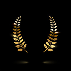Golden shiny laurel wreath isolated on black background. Vector design element.