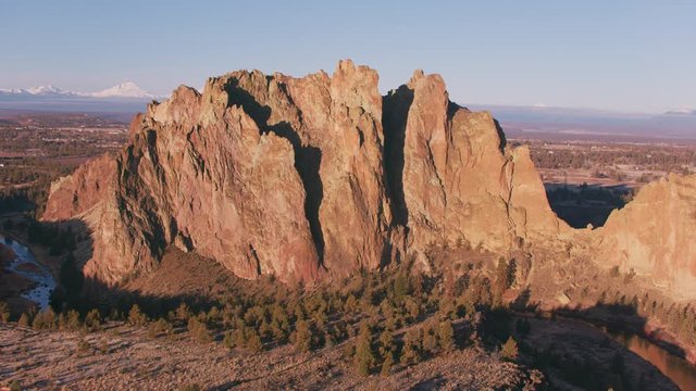 Oregon circa-2018. Aerial view of Smith Rock State Park. Shot from helicopter with Cineflex gimbal and RED Epic-W camera.