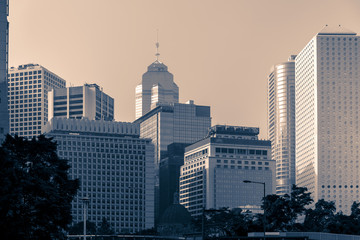 Blue Tone image of modern office buildings in  Hong Kong