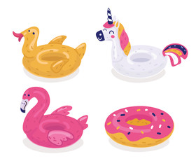 A set of colorful inflatable lifebuoys.