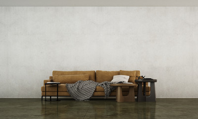 The modern loft living room and concrete wall texture background and brown leather sofa