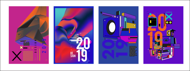 Fototapeta na wymiar 2019 New Poster Design Template. Trendy Vector Typography and Colorful Illustration Collage for Cover and Page Layout Design Template in eps10