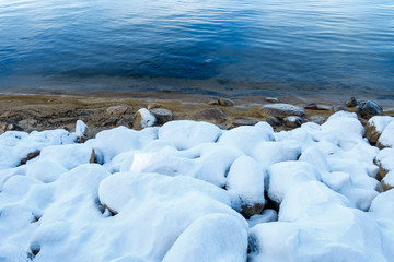 South Lake Tahoe with snow and blue water